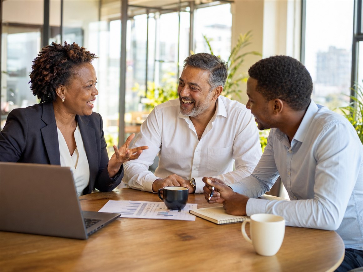 Three colleagues in animated discussion around a table in a sunlit office, working something through together.