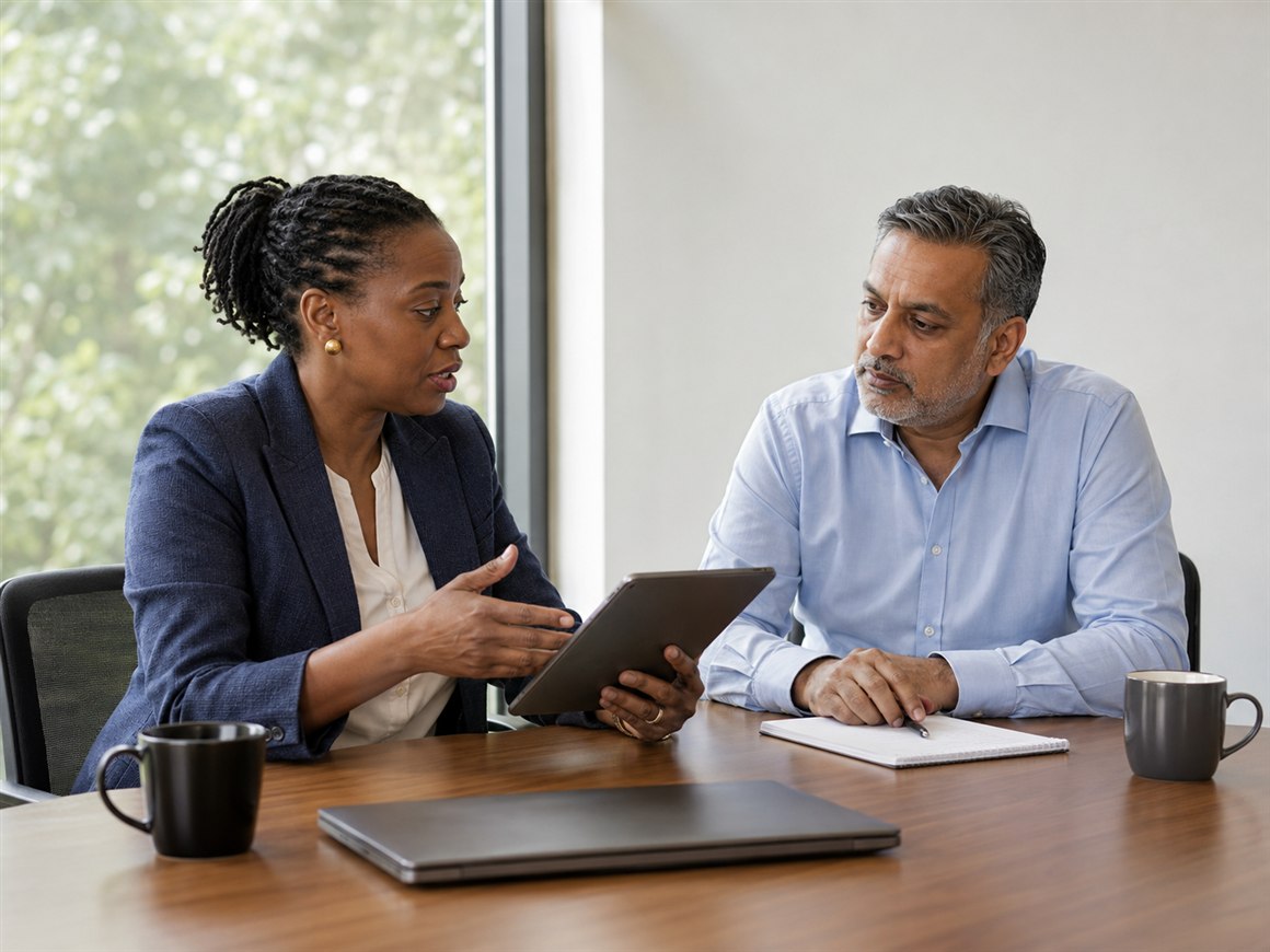 Two partners of an accounting practice at a meeting table, one holding a tablet and explaining a point while the other listens, a notepad and pen in front of him.