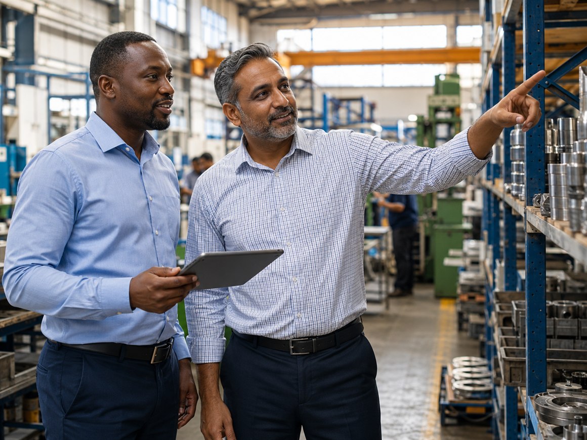 Two colleagues on a modern factory floor beside racks of machined metal parts — one holding a tablet, the other pointing to an item on a high shelf, an overhead crane and a press behind them.
