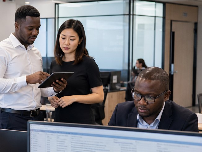 Two colleagues reviewing figures on a tablet together in an open-plan finance office, while a third works at a monitor nearby.