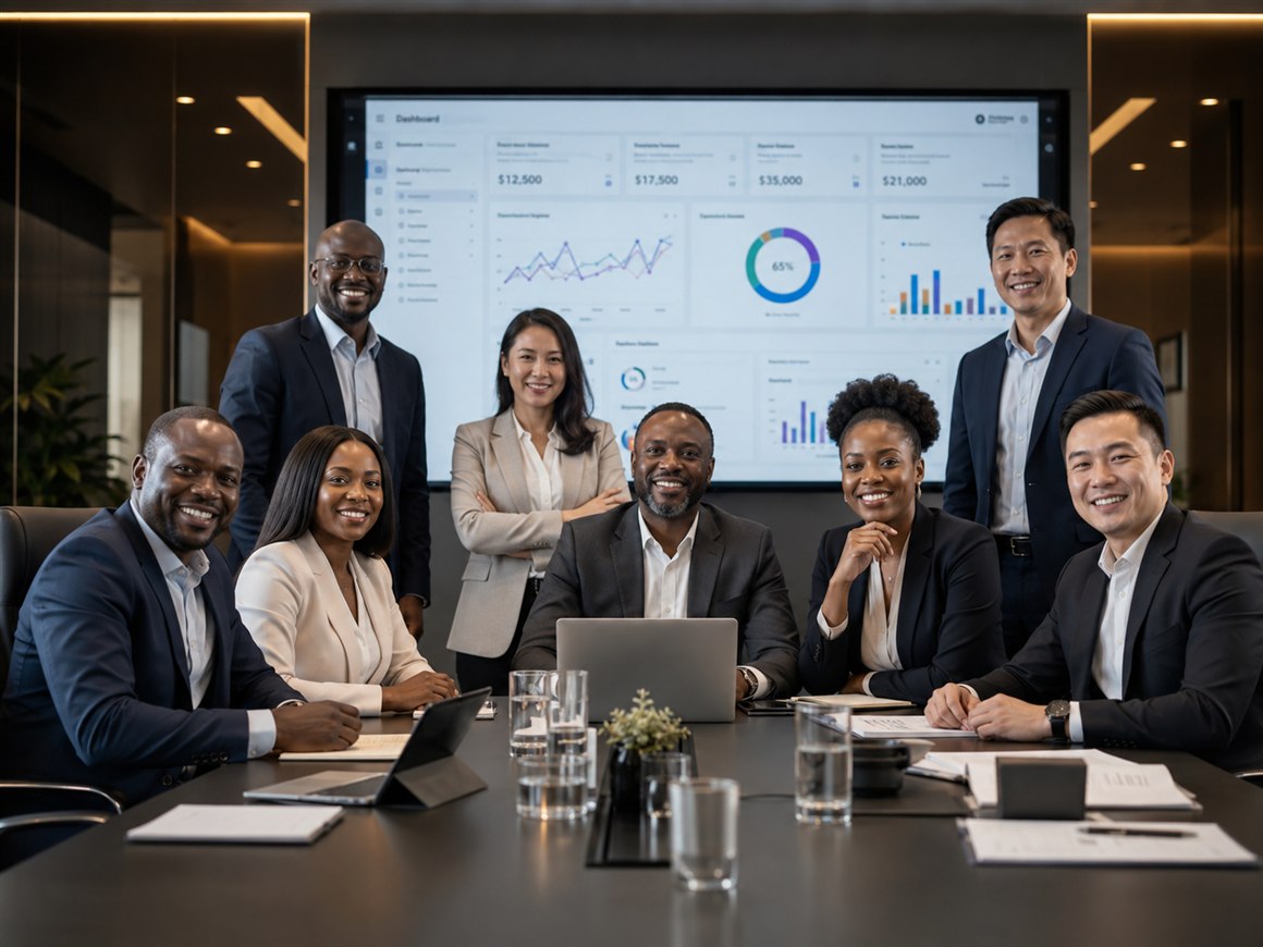 A team of colleagues seated and standing around a boardroom table, a wall screen showing a reporting dashboard behind them.