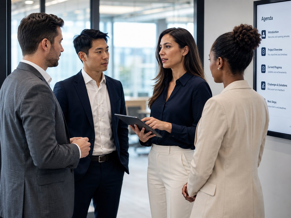 Four colleagues standing in discussion beside a wall screen showing a project agenda, one explaining a point to the others.
