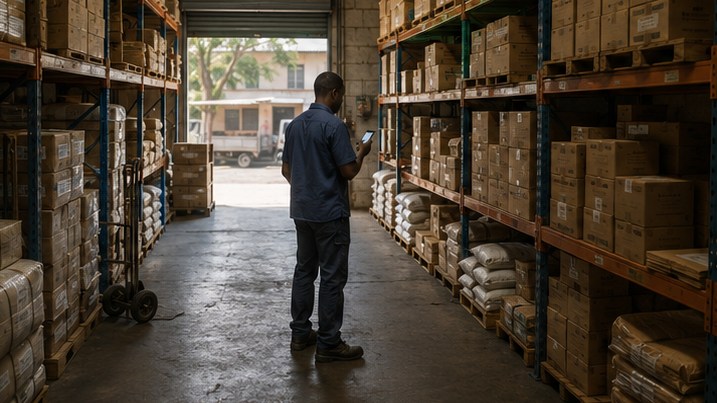 A stock controller checking a phone in the aisle of a small wholesale storeroom, racking stacked with cartons and sacks either side.