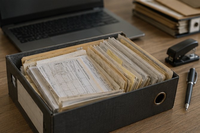 An open box file of neatly filed receipts and slips on a desk beside a laptop, with a stapler and pen alongside.