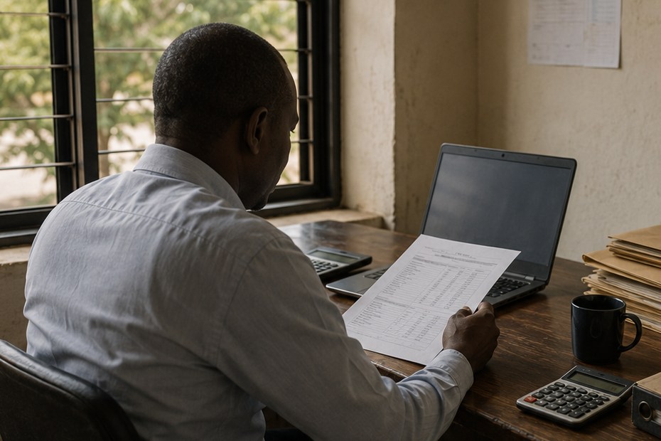 A business owner seen from behind at a desk, holding a printed report beside an open laptop, with manila folders and a calculator on the desk.