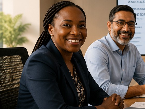Two senior colleagues seated at a boardroom table in a sunlit office, a wall screen out of focus behind them.