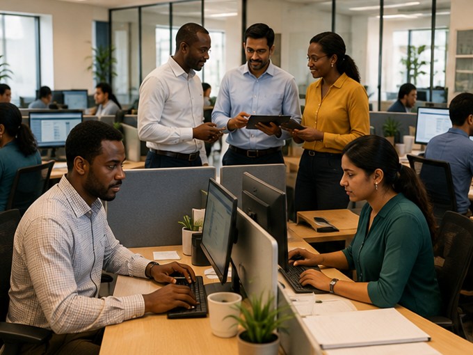 An open-plan operations floor, colleagues working at monitors while three others confer over a tablet nearby.