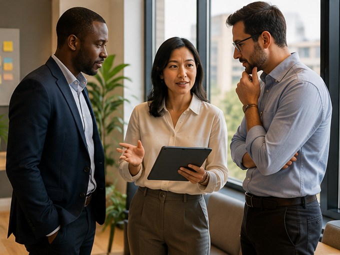 Three colleagues standing in discussion, one explaining a point from a tablet, sticky notes on a board behind them.