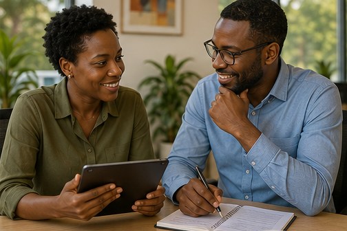 Two colleagues at a meeting table going through a figure together on a tablet, an open notebook and papers in front of them.