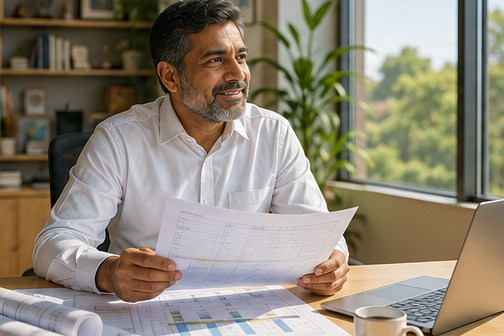 A practice principal at a sunlit desk looking up from a printed report with quiet satisfaction, rolled drawings, a scale rule and a marked-up schedule in front of him.