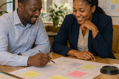 Two colleagues either side of a large printed plan marked up with coloured notes, one annotating it with a pen, both pleased with how it is coming together.