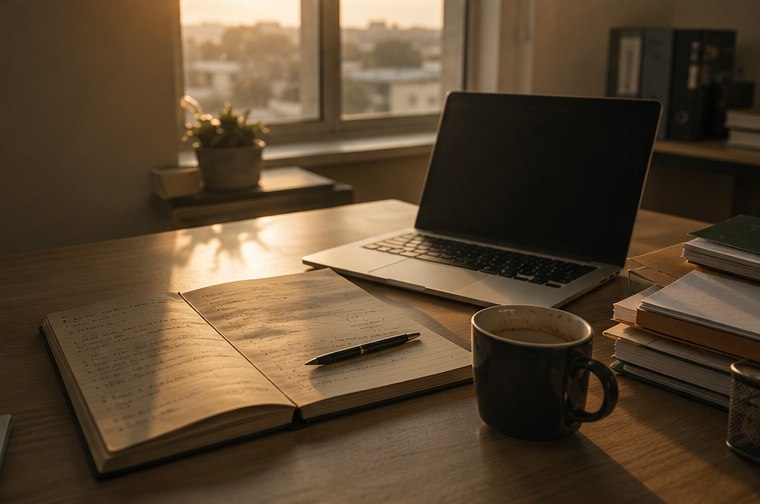 A desk at the end of the working week in low evening light: an open notebook of handwritten entries, a pen, a cooling mug and a closed laptop.