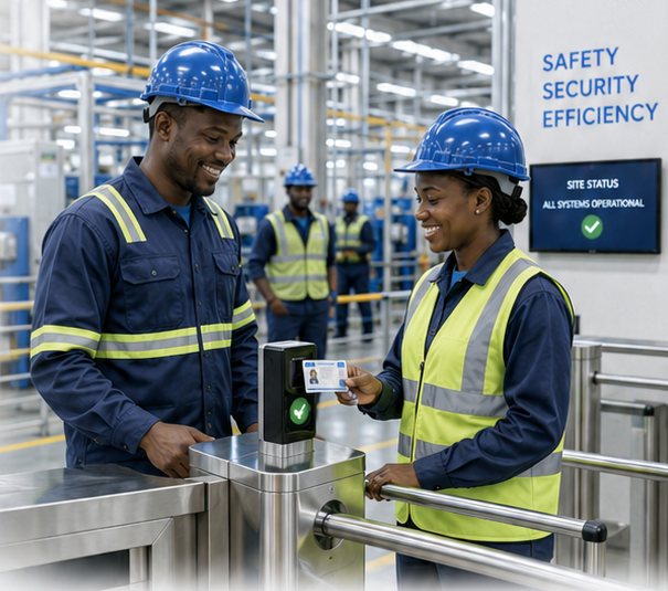 Two workers in hard hats and hi-vis at a factory turnstile, one presenting an ID to a reader that shows a green approval tick.