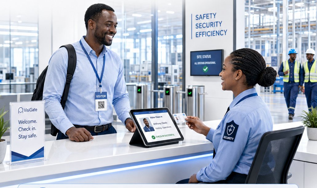 A visitor with a lanyard checking in at a factory reception desk while a security officer captures the visit on a tablet showing a successful check-in.