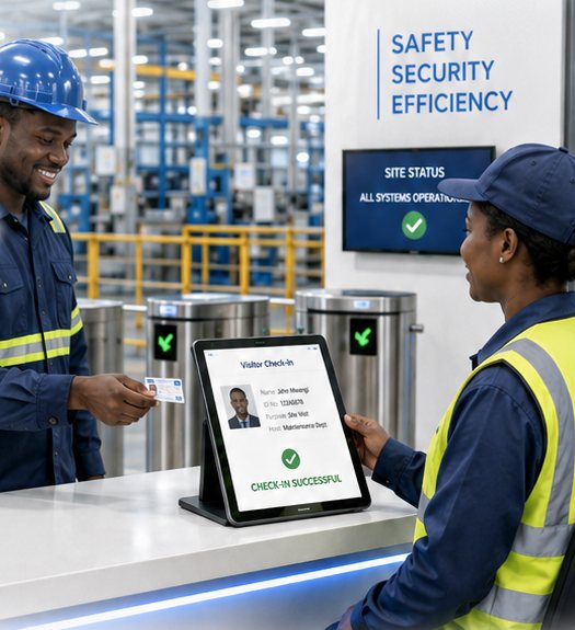 A guard at a factory gate scanning a visitor's ID card into VisiGate on a desk tablet showing a successful check-in, turnstiles behind them.