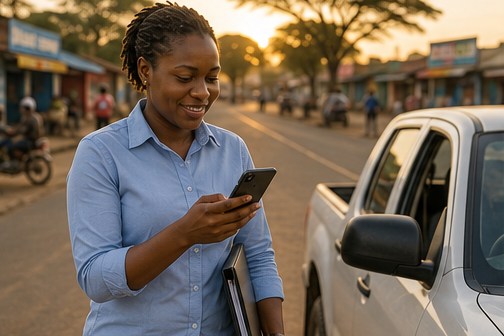 A sales representative beside a white pickup at the roadside in late afternoon light, smiling at something on her phone between customer visits.