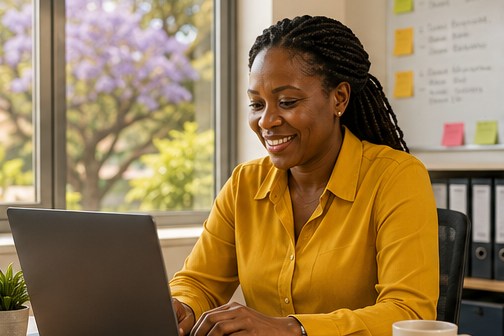 A sales manager at her desk in morning sunlight, working at a laptop with a relaxed smile, a jacaranda in flower through the window behind her.