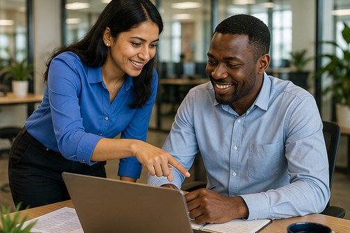 Two colleagues at a laptop in a bright open-plan office, one leaning in to point something out on the screen, both laughing.