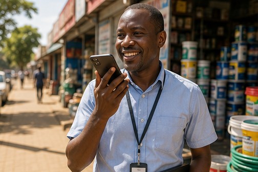 A sales representative outside a hardware shop in bright sunlight, smiling as he speaks a visit note into his phone, a folder under one arm.