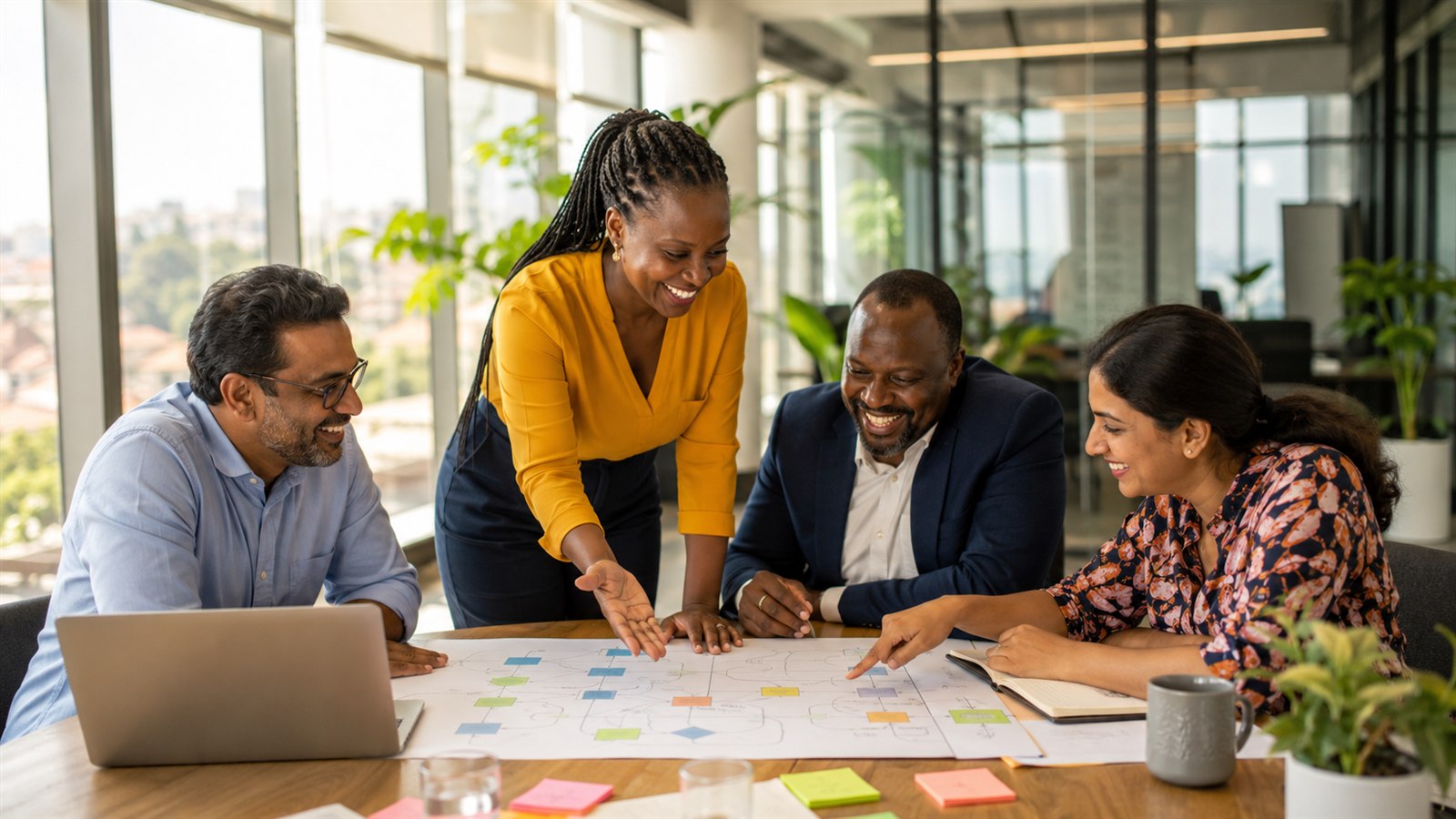 Four colleagues around a table in a bright office, one standing and gesturing at a large printed process diagram while the others lean in.