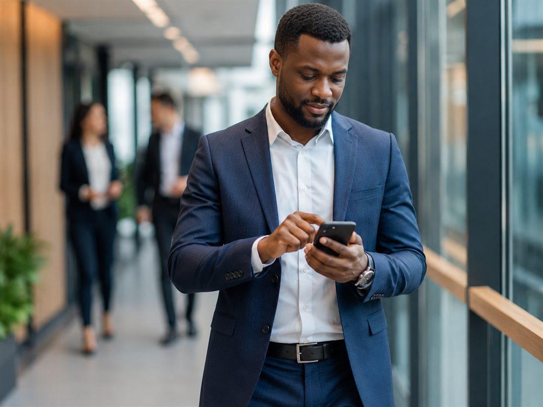 A manager in a navy suit tapping his phone in a bright office corridor, two colleagues talking in the background.