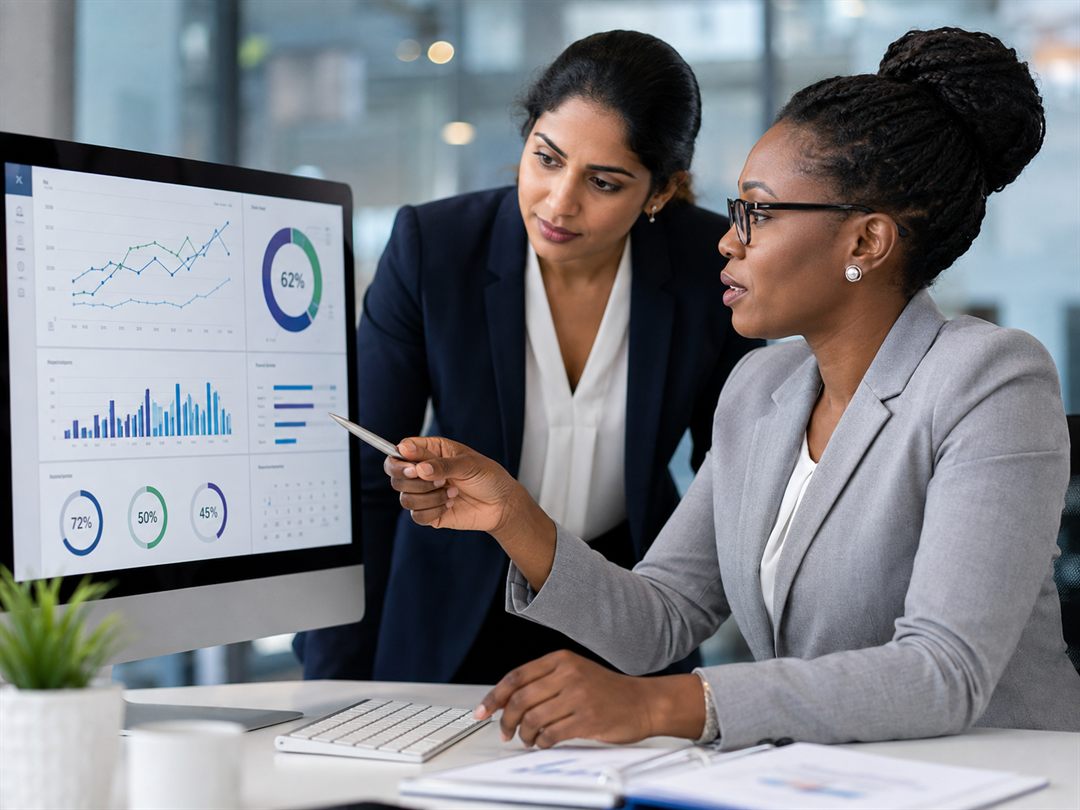 Two managers reviewing a dashboard of charts on a large monitor, one pointing at a figure with a pen as the other looks on.