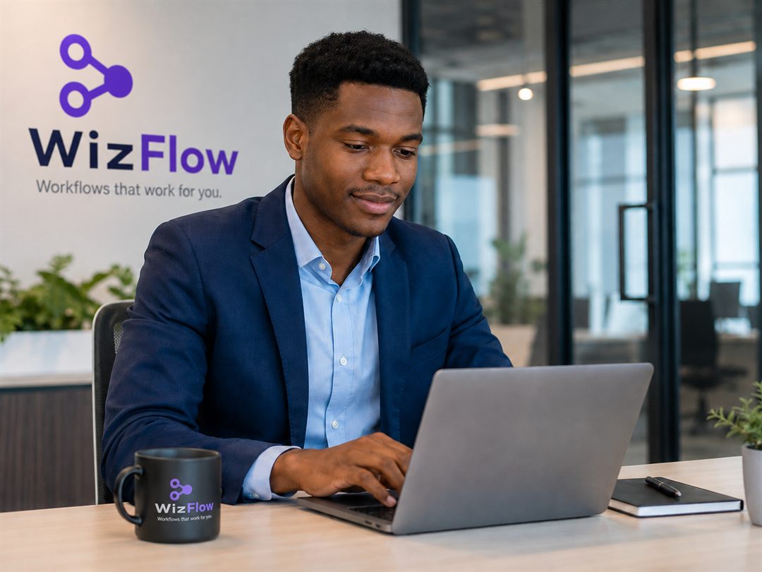 A man in a navy blazer working calmly at a laptop in a bright office, a WizFlow logo on the wall behind him and a WizFlow mug on the desk.
