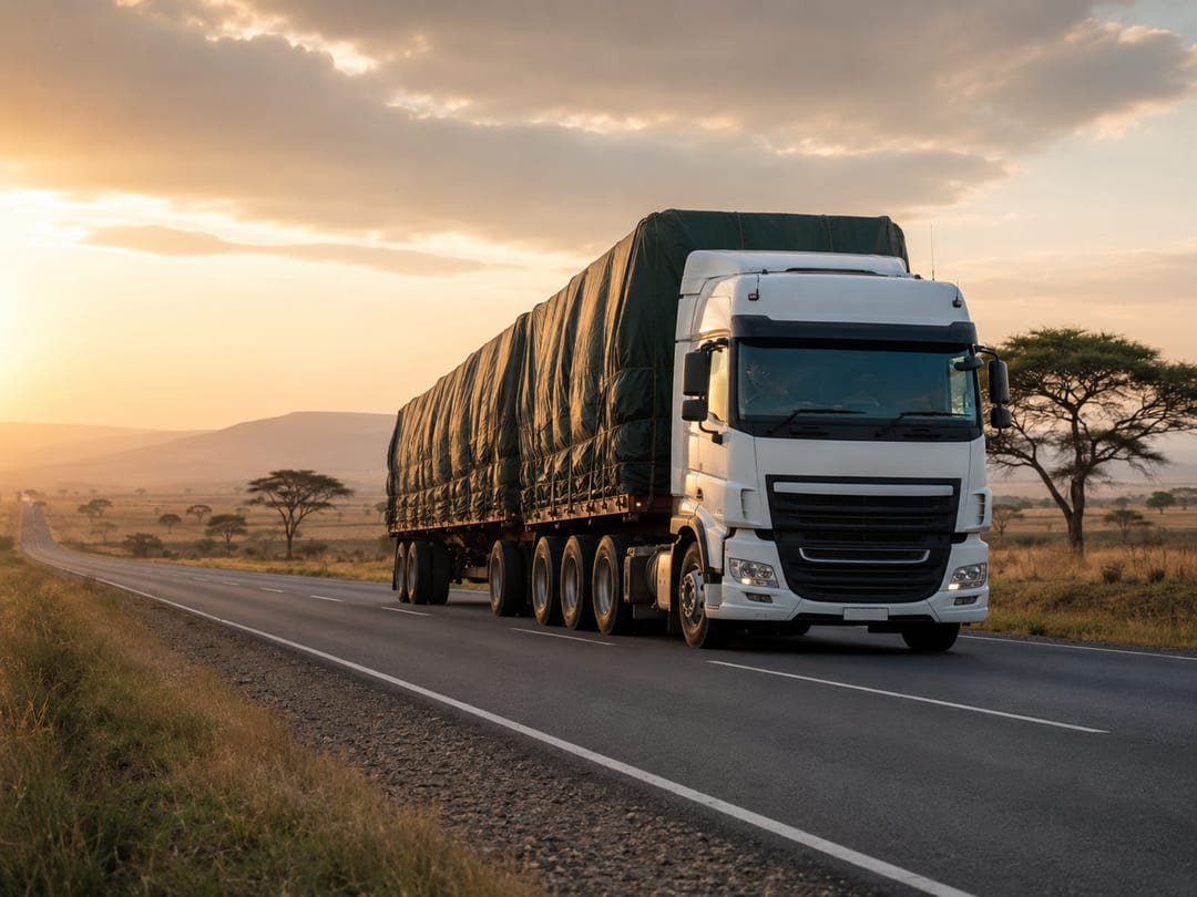A loaded long-haul truck on the Mombasa–Nairobi highway at golden hour, open savannah and acacia trees beside the road.
