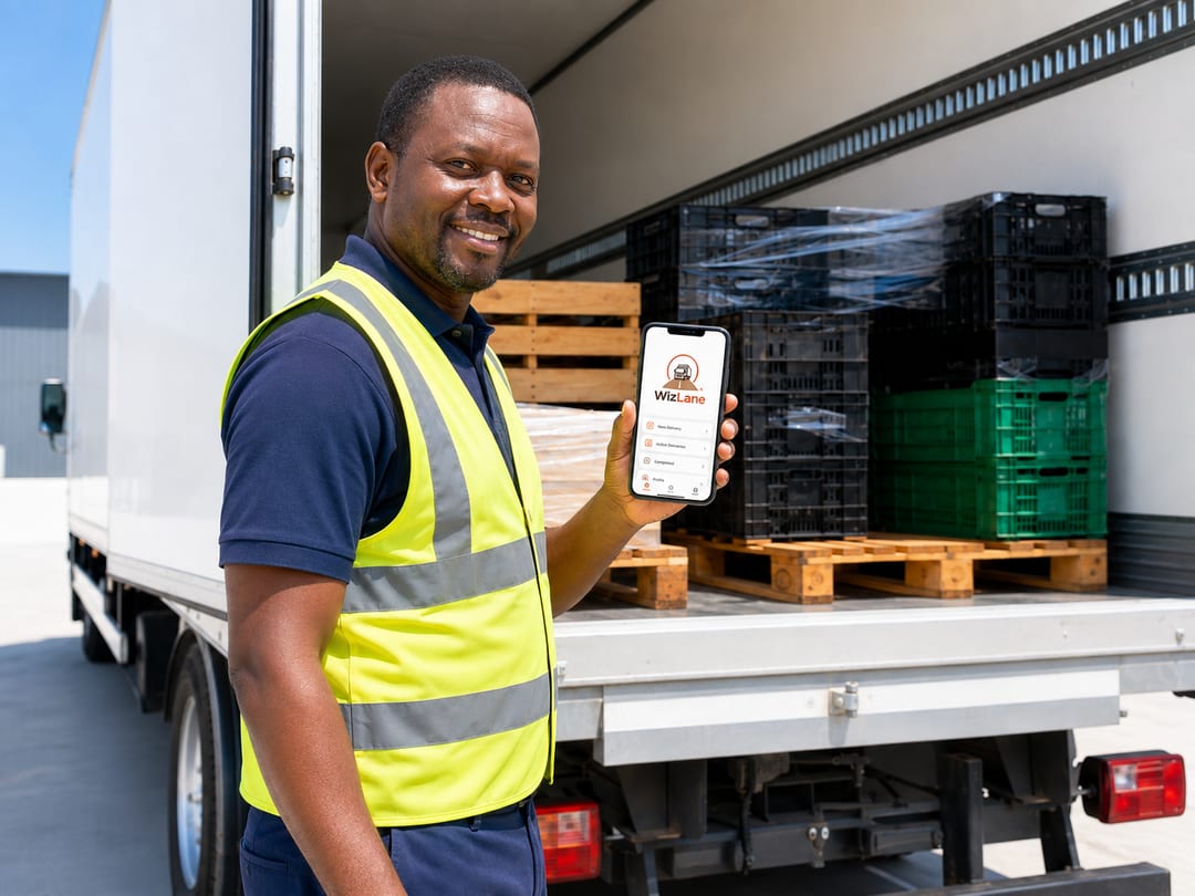 A driver in a hi-vis vest beside his truck, holding a smartphone running the WizLane app, stacked crates loaded in the cargo area behind him.
